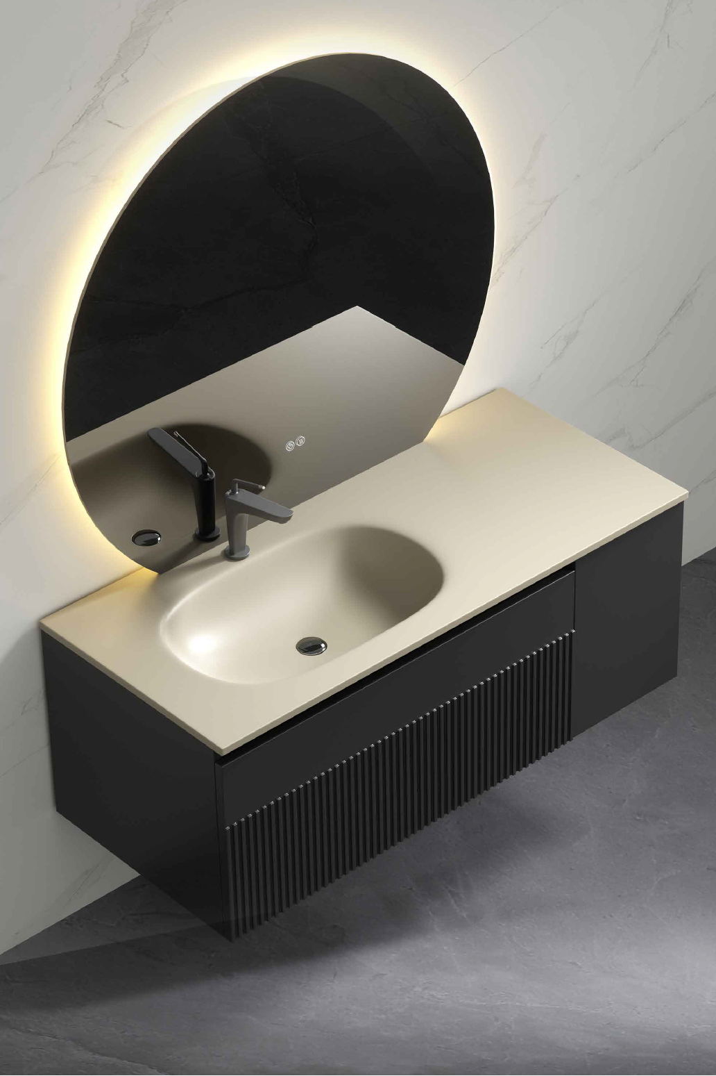 Fluted Wall Hung Vanity with Seamless Glass Sink & Smart Mirror Set