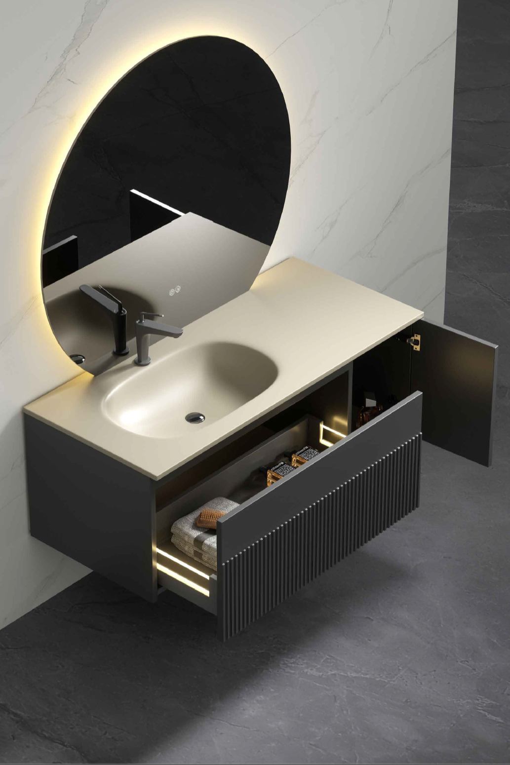 Fluted Wall Hung Vanity with Seamless Glass Sink & Smart Mirror Set